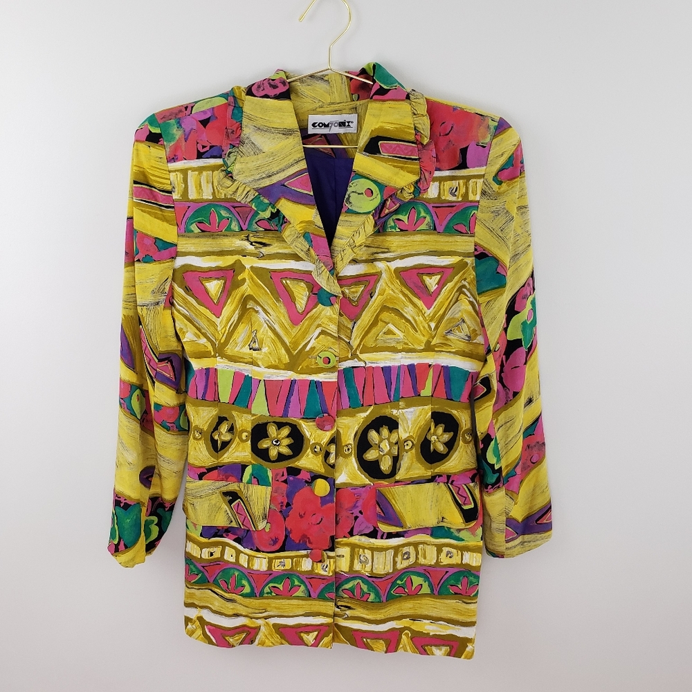 Vintage 90s Fun Artistic Yellow Blazer M - Picture 4 of 8